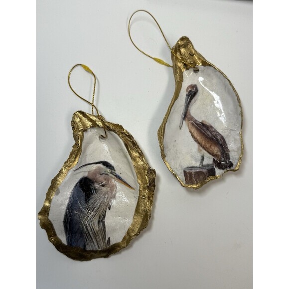Set Of 2 Handcrafted Decoupage Decorative Heron & Pelican Oyster Shell Ornaments - Picture 1 of 7
